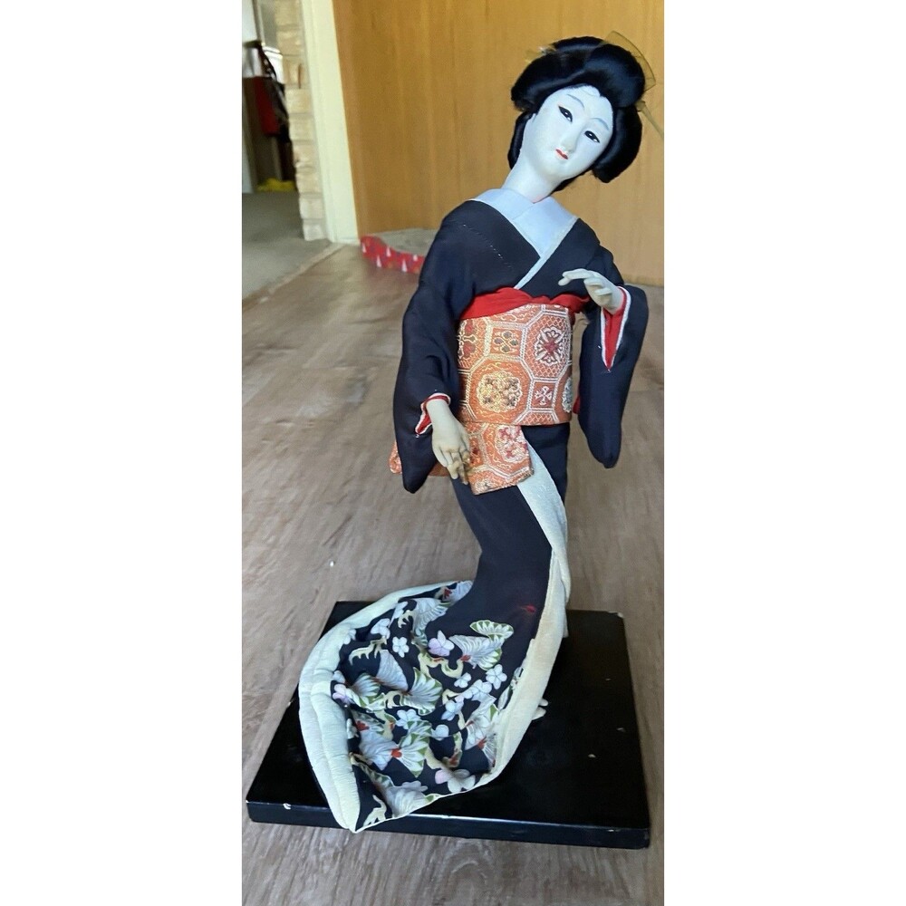 Vintage Handmade Japanese GEISHA DOLL Cloth Face & Hands Black Floral KIMONO
